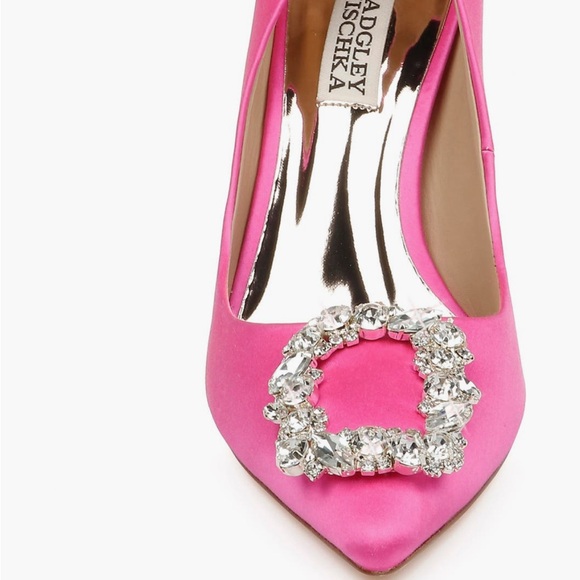 Badgley Mischka Cher Crystal Embellished Brooch Satin Pump Heels in Hot Pink - Picture 7 of 11